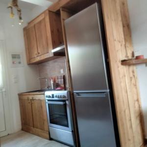 um frigorífico de aço inoxidável numa cozinha com armários de madeira em Άνεσις διαμέρισμα στην Πάρο em Aliki