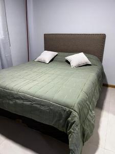 Una cama verde con dos almohadas encima. en Portales de Tupungato en Tupungato