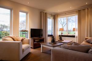 sala de estar con 2 sofás y TV de pantalla plana en Boerderij Zonneveld, en Rossum