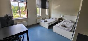 a room with two beds and a table and windows at Hostel Nr.2 in Rauna