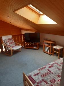a living room with a flat screen tv and a bed at Les Perthuis - Portes du Soleil in Châtel