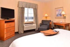 グランドアイランドにあるHampton Inn Grand Islandのベッド、テレビ、椅子が備わるホテルルームです。