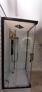 een glazen douche in een kamer met een plafond bij L'Abri de la Chouette in Frasnes-lez-Anvaing