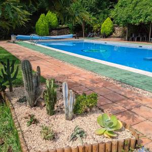 a swimming pool with cacti and plants in a yard at Casa Rural Bilbao Caserio Gondra Alquiler Habitaciones in Mungia