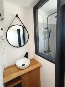 Neung-sur-BeuvronにあるA l'Ombre des Bois, Chambre Quadruple Confortのバスルーム(洗面台、鏡付)