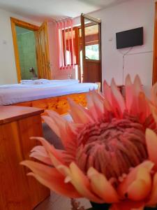 a room with a bed and a large red flower at Casa Ursu in Cârțișoara