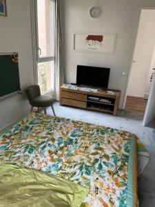 1 dormitorio con 1 cama grande y TV en Chambre double cassis en Cassis