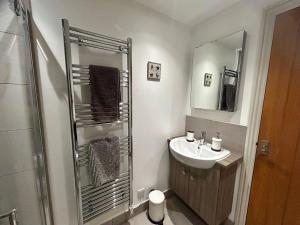 y baño pequeño con lavabo y ducha. en Tanyard Barn - North Yorkshire en York