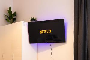 a tv on a wall with a netflix at Cozy apartment in city center in Prague