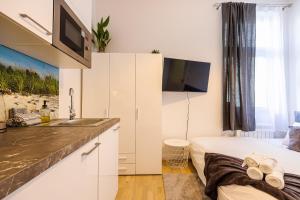 una cocina con fregadero y una cama en una habitación en Cozy apartment in city center, en Praga