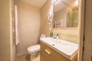 W łazience znajduje się umywalka, toaleta i lustro. w obiekcie Le Palm Appartement élégant & Design En Bord Rivière w mieście Collobrières