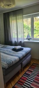 een bed in een slaapkamer met een raam en een tapijt bij Taikos Hill Apartamentai Nidoje in Nida