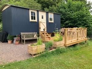 a tiny house with a bench in front of it at annes hatch hut 