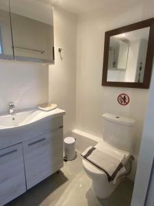 y baño con aseo, lavabo y espejo. en Sing and Blossom Accommodation en Mykonos ciudad