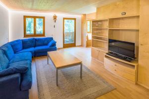 a living room with a blue couch and a tv at Brugghof Apartment Brugg in Madonna