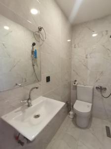 Yamaç Çam Hotel في طرابزون: حمام أبيض مع حوض ومرحاض
