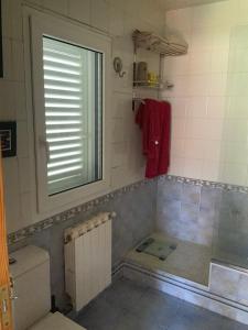 een badkamer met een douche, een toilet en een raam bij As Bouzas in Poio