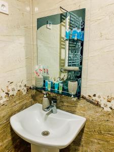 a white sink in a bathroom with a mirror at Cottage Shina in Kazbegi