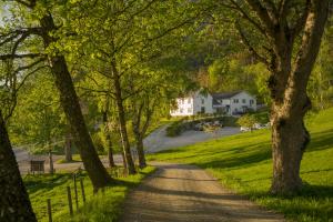 a dirt road with a house in the distance at Hotel Aak in Åndalsnes