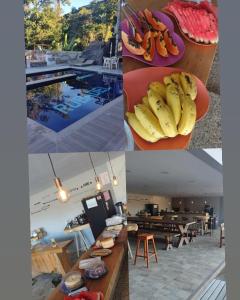 un collage de fotos de un restaurante con plátanos en una mesa en Recanto Serra Monte en Caparaó Velho