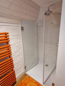 uma casa de banho com um chuveiro e uma cabina de duche em vidro. em Square Oast Studio em West Malling