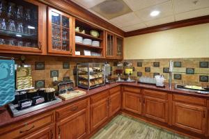 una cocina con armarios de madera y una barra con comida en Homewood Suites by Hilton Lancaster, en Lancaster