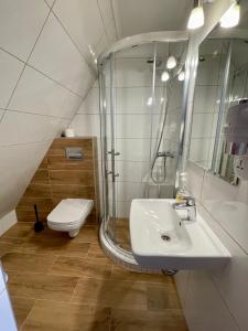 a bathroom with a sink and a shower and a toilet at WILLA ANNA - 20 procent Termy Gorący Potok in Szaflary
