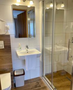 a bathroom with a sink and a shower at WILLA ANNA - 20 procent Termy Gorący Potok in Szaflary