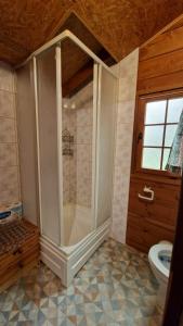 La salle de bains est pourvue d'une douche et de toilettes. dans l'établissement Przystań wodnica, à Ustka
