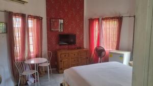 a bedroom with a bed and a tv and red walls at Little Savoy Guest House new in Runaway Bay