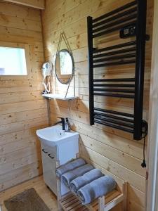 łazienka w drewnianej kabinie z umywalką i lustrem w obiekcie Świerkowe Siedlisko w Węgorzewie