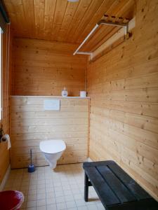 a bathroom with a toilet in a wooden wall at Tenon maisemamökit in Utsjoki