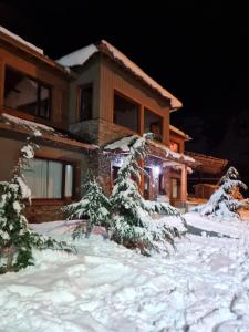 uma casa com árvores cobertas de neve em frente em Senderos Aparts & Suites em El Chaltén