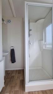 a bathroom with a glass shower with a sink at The Summer House in Heysham