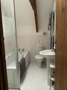 a white bathroom with a toilet and a sink at The Granary Cottage in Burrington