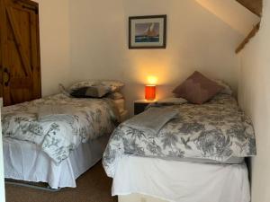 a bedroom with two beds and a lamp at The Granary Cottage in Burrington
