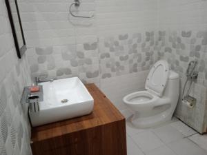 a bathroom with a sink and a toilet at Nubra Holiday in Deskit