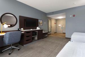 a hotel room with a desk and a bed and a mirror at Hampton Inn Greenville in Greenville