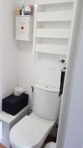 a white bathroom with a toilet and a ladder at Ancien corps de ferme in Poigny