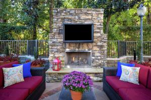 a patio with two couches and a fireplace with a tv at Hampton Inn & Suites Raleigh/Cary I-40 (PNC Arena) in Cary
