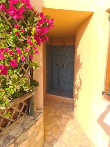 a hallway with pink flowers and a room with a shower at Un Tuffo nel Blu in Sperlonga
