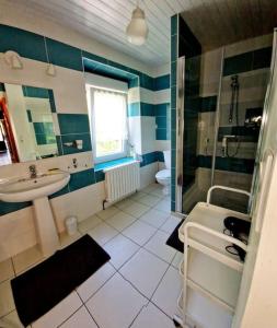 a bathroom with a sink and a shower and a toilet at Gîte La Scierie, Maison Familiale, Laguiole in Laguiole