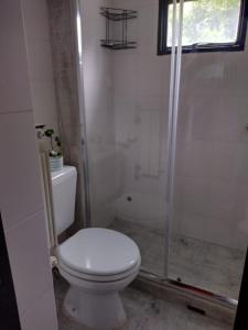 a bathroom with a toilet and a shower at Charret Trevelin in Trevelin