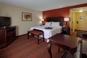 ein Hotelzimmer mit einem Bett und einem Flachbild-TV in der Unterkunft Hampton Inn Rochester-Webster in Webster