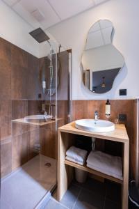 a bathroom with a sink and a mirror at Lodges de Lemptégy in Saint-Ours