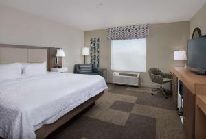 Cette chambre comprend un lit et une télévision à écran plat. dans l'établissement Hampton Inn & Suites Rogers, à Rogers