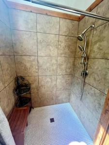 La salle de bains est pourvue d'une douche et d'un banc. dans l'établissement 2 Adjacent Cabins near Silverwood - Serene, Private and Forested, à Spirit Lake
