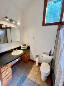 La salle de bains est pourvue de toilettes, d'un lavabo et d'un miroir. dans l'établissement 2 Adjacent Cabins near Silverwood - Serene, Private and Forested, à Spirit Lake