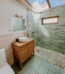 ein Badezimmer mit Toilette, Waschbecken und Dusche in der Unterkunft La cabane de Mamie classée 4 étoiles à 150m de la plage 2 chambres 3 lits in Biscarrosse-Plage + 13 Fotos