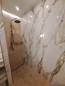a bathroom with a shower with a marble wall at Apartment Melany in Senj +18 photos
